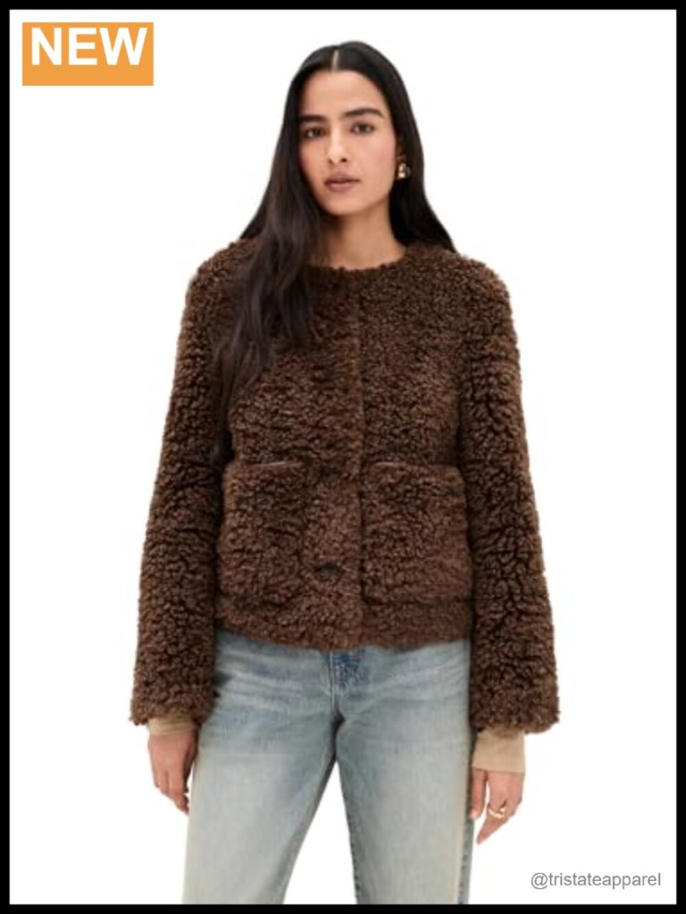 Faux Shearling Jacket with Faux Leather Trim | Long Sleeve